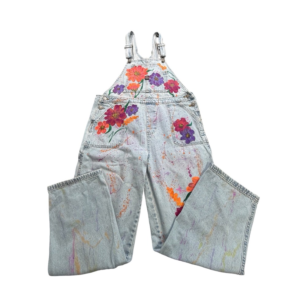 Unionbay Overalls Women L 36x26 Light Wash Hand Painted Floral Boho Hand Painted